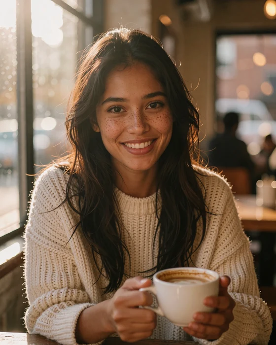 Generated from it on realistic-v2: the same woman in a cafe in a cream knit sweater