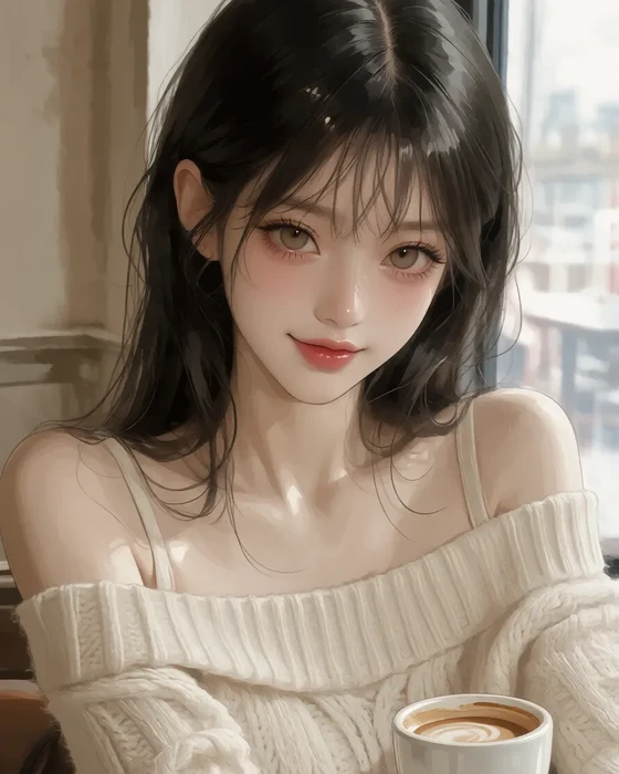 Generated from it on semireal-v1: the same woman in a cafe in an off-shoulder knit sweater