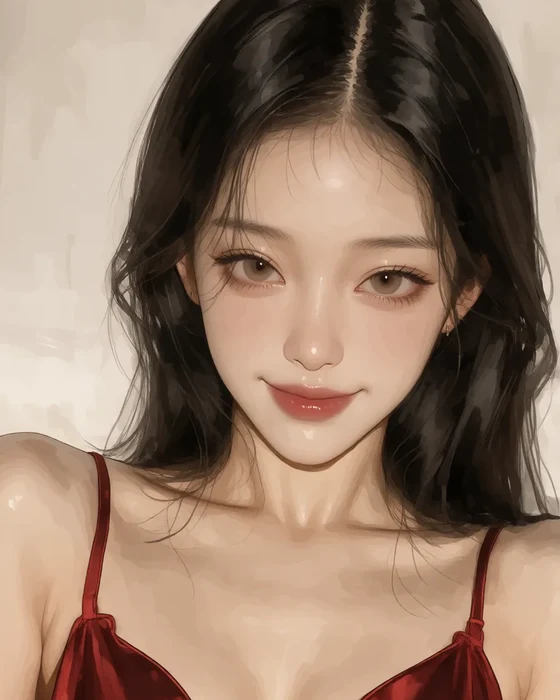 Supplied reference: painted close-up of a woman with long black hair in a red satin camisole